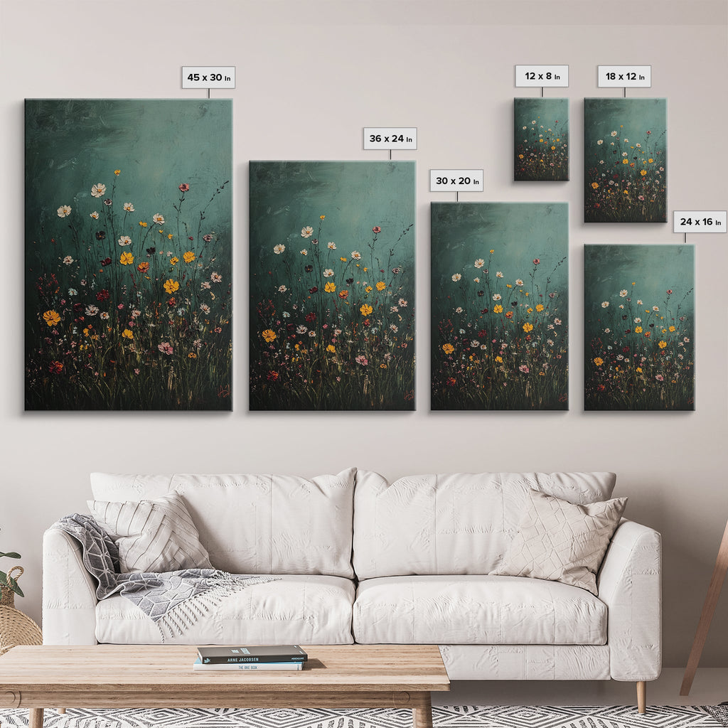 Dark & Moody Wild Flowers Print, Framed Canvas, Boho Decor, Wildflowers in a Rain Storm, Modern Farmhouse, Rustic Decor