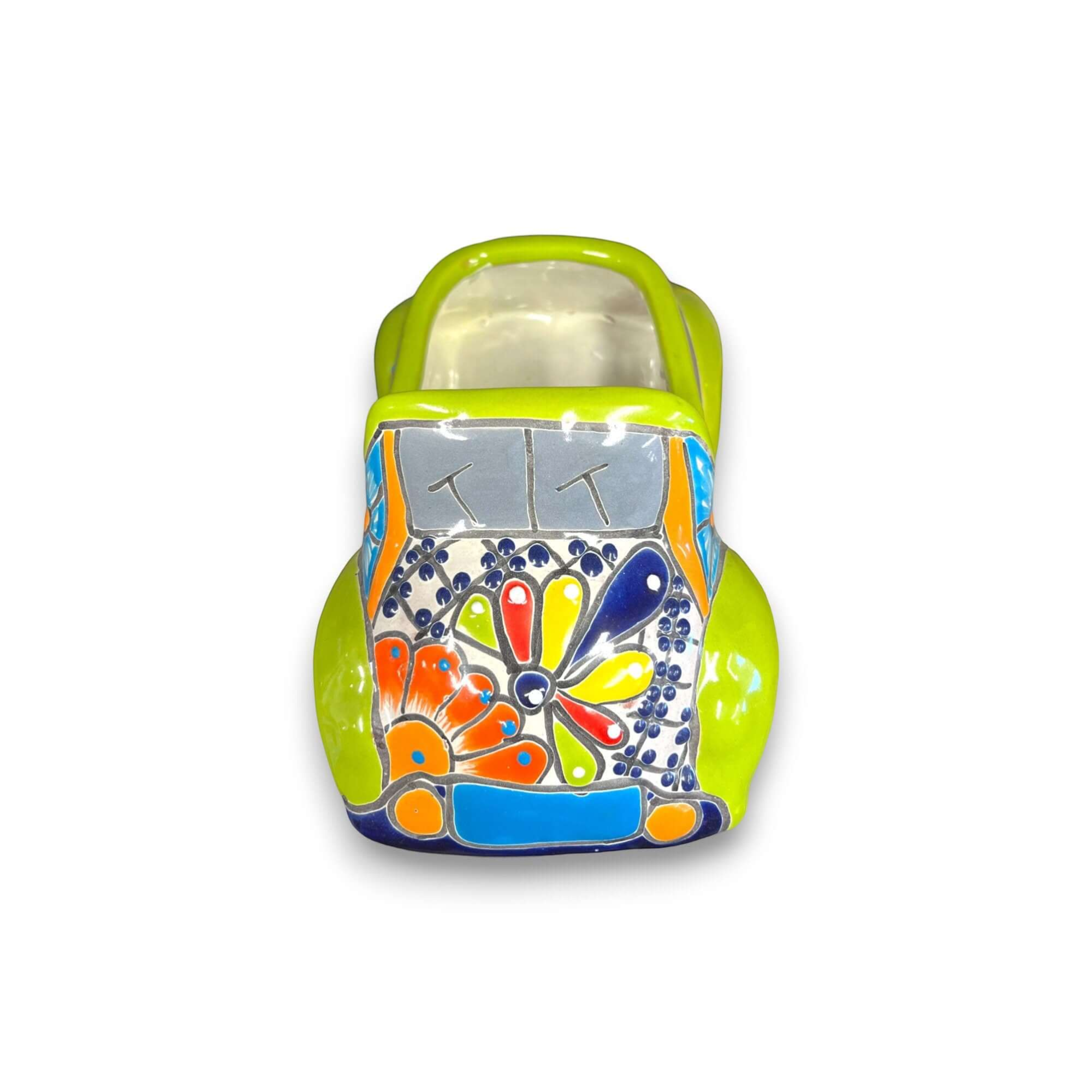Colorful Hand-Painted Talavera Car Planter | Small Ceramic Car Statue